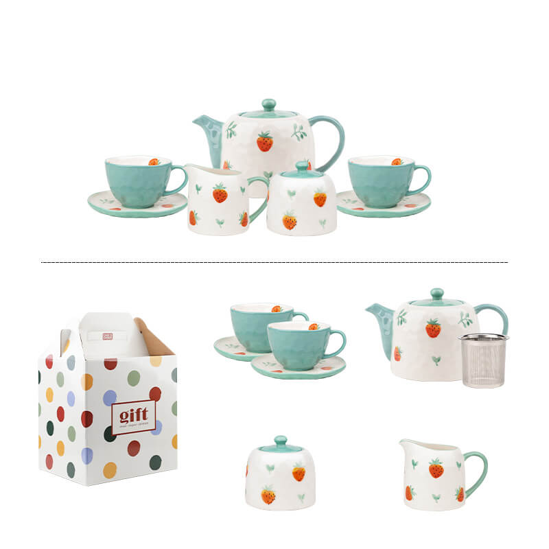 Lighteme Teekannen-Set aus Keramik, handbemalt, Erdbeere