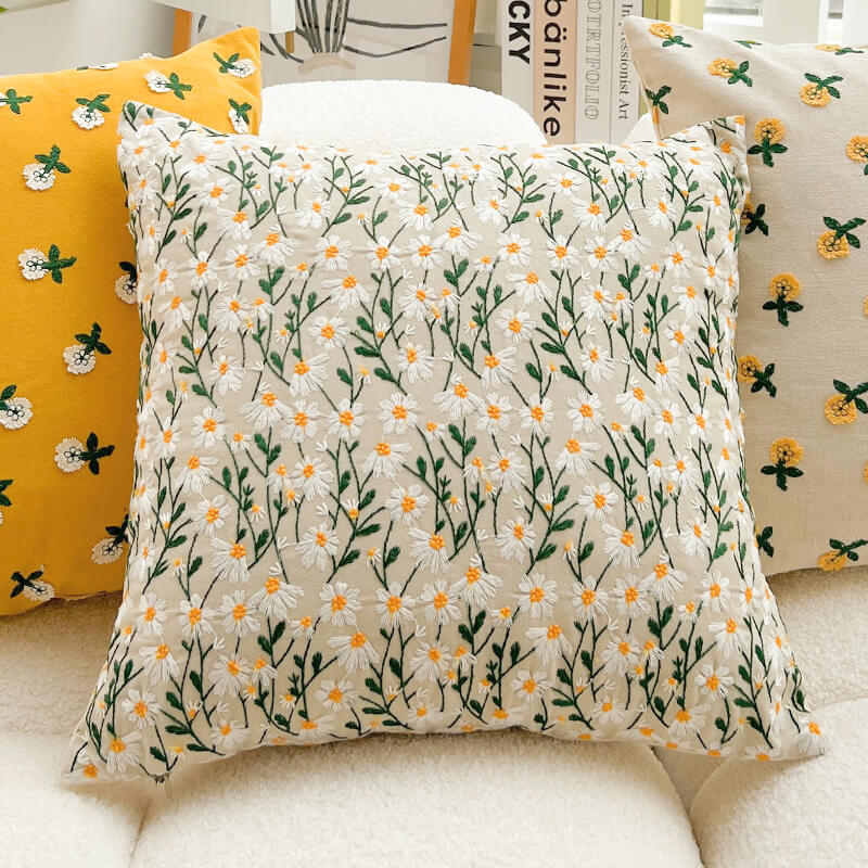 Housse de coussin brodée à motif floral pastoral Lighteme