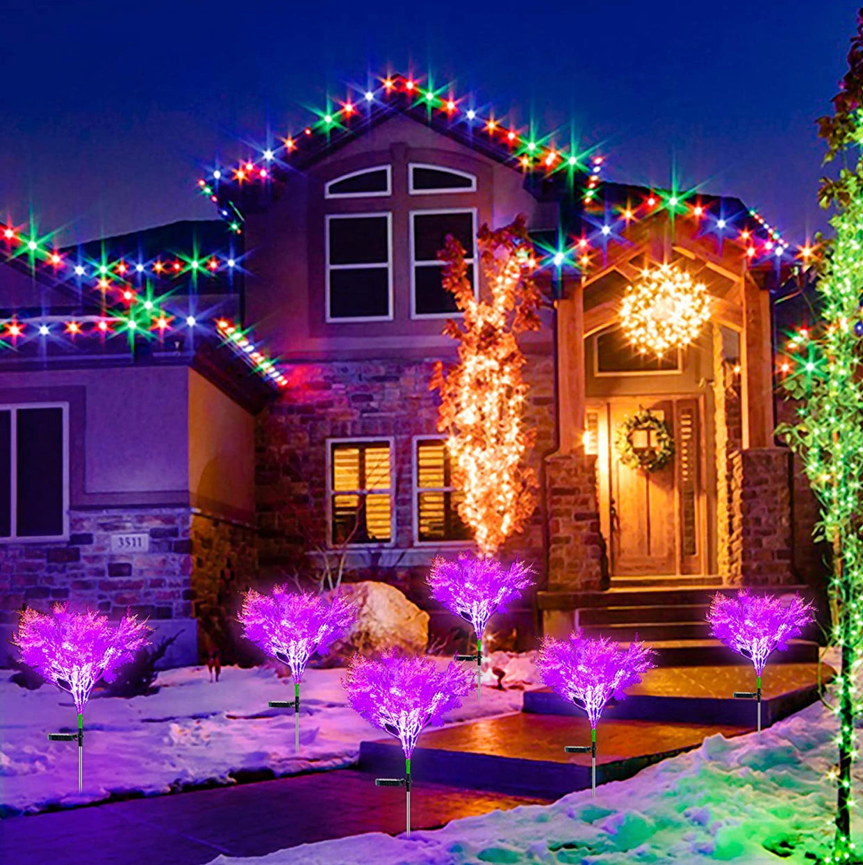 2-Pack - Lighteme Solar Flowers Pink Rime Flower Design, Solar Powered Flowers Light Dusk to Dawn