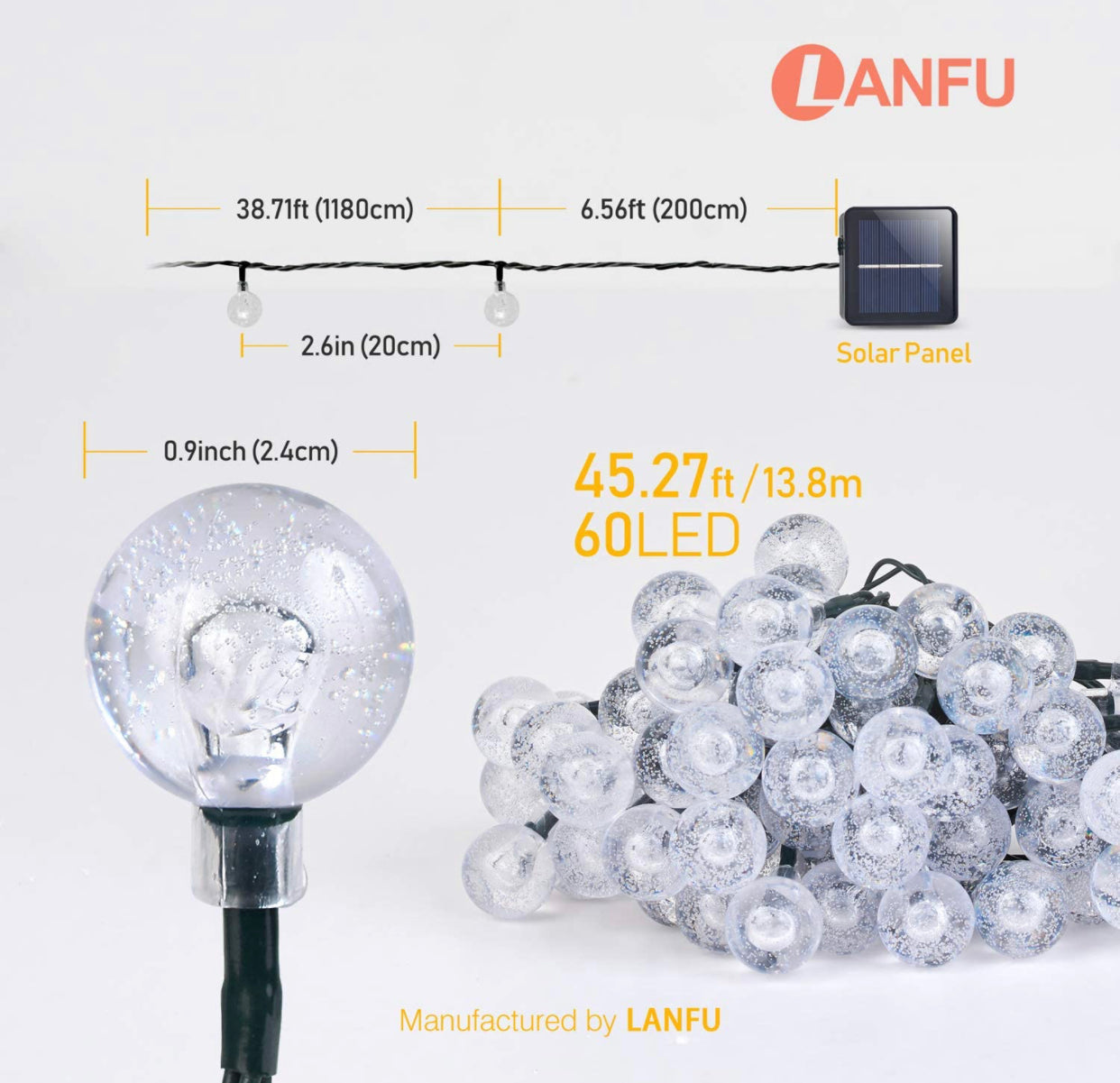 Lampe solaire Lighteme 50 LED, ampoules globe en cristal, étanche, 27 pieds