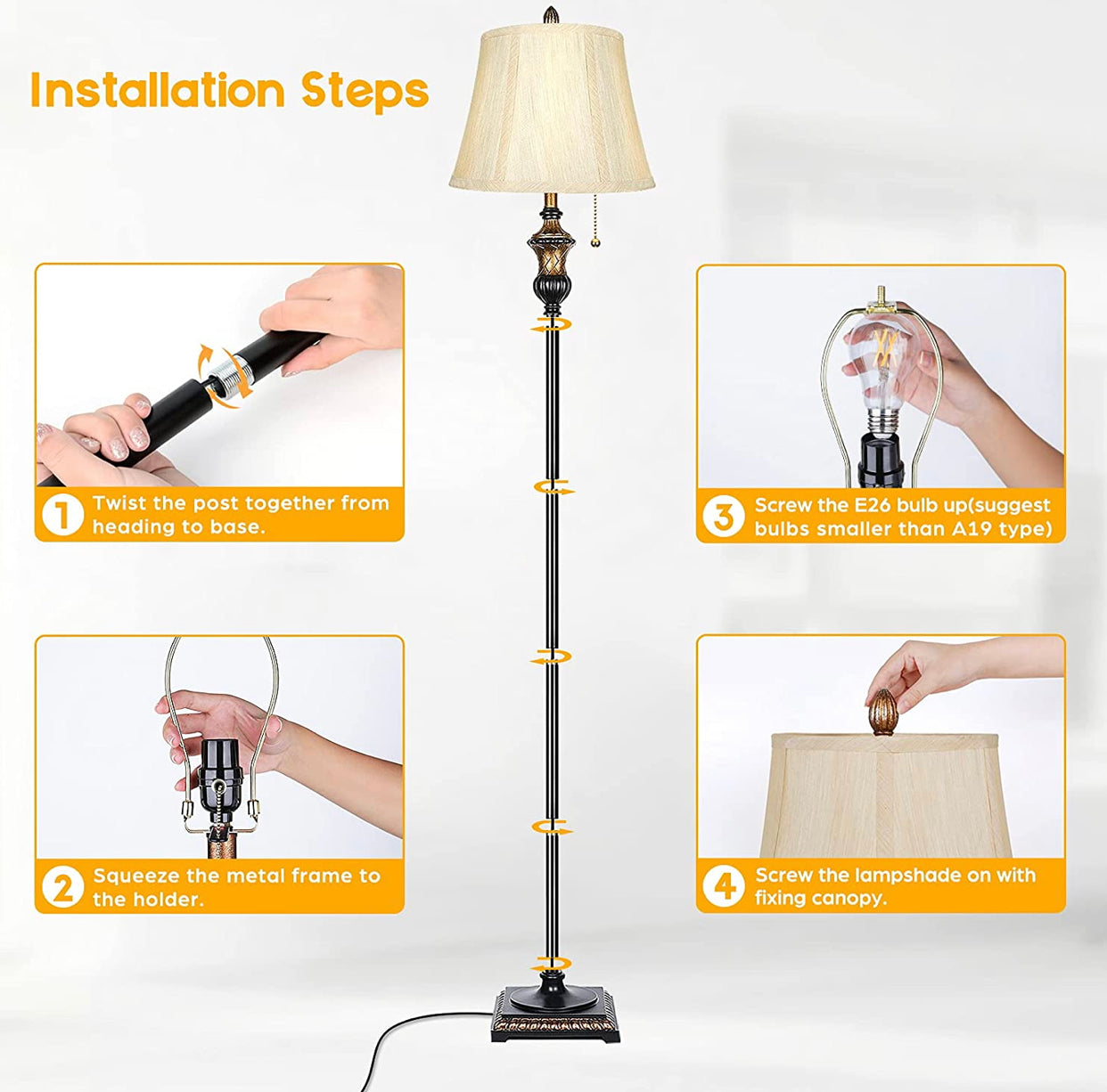 Lighteme - Freistehende elegante Stehlampe - Glockenförmiger Stoffschirm - LED-Leuchtmittel enthalten - Bronze