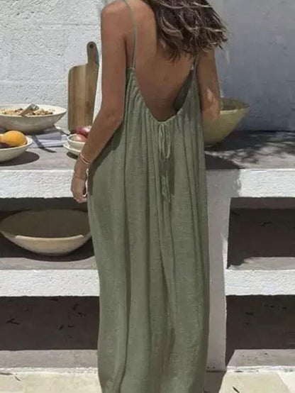 Lighteme Women's Solid Color Backless Cami Lounge Dress, Loose Fit Spaghetti Strap Dress
