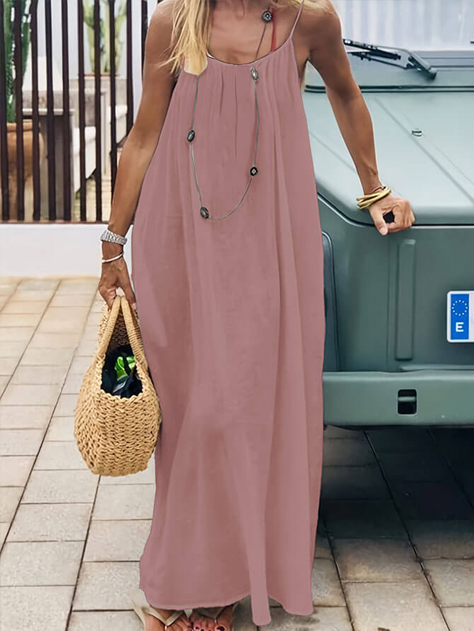 Lighteme Women's Solid Color Backless Cami Lounge Dress, Loose Fit Spaghetti Strap Dress