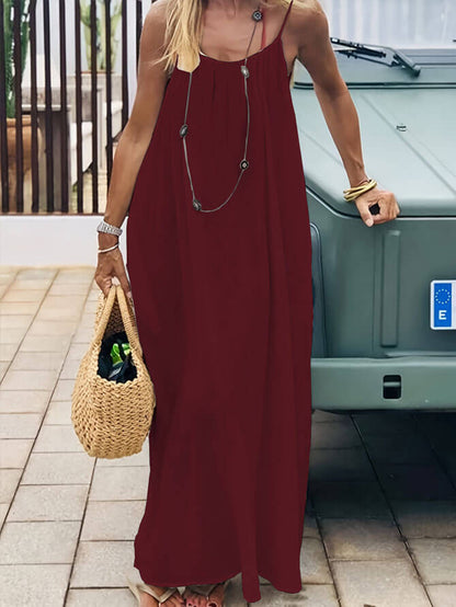 Lighteme Women's Solid Color Backless Cami Lounge Dress, Loose Fit Spaghetti Strap Dress