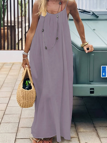 Lighteme Women's Solid Color Backless Cami Lounge Dress, Loose Fit Spaghetti Strap Dress