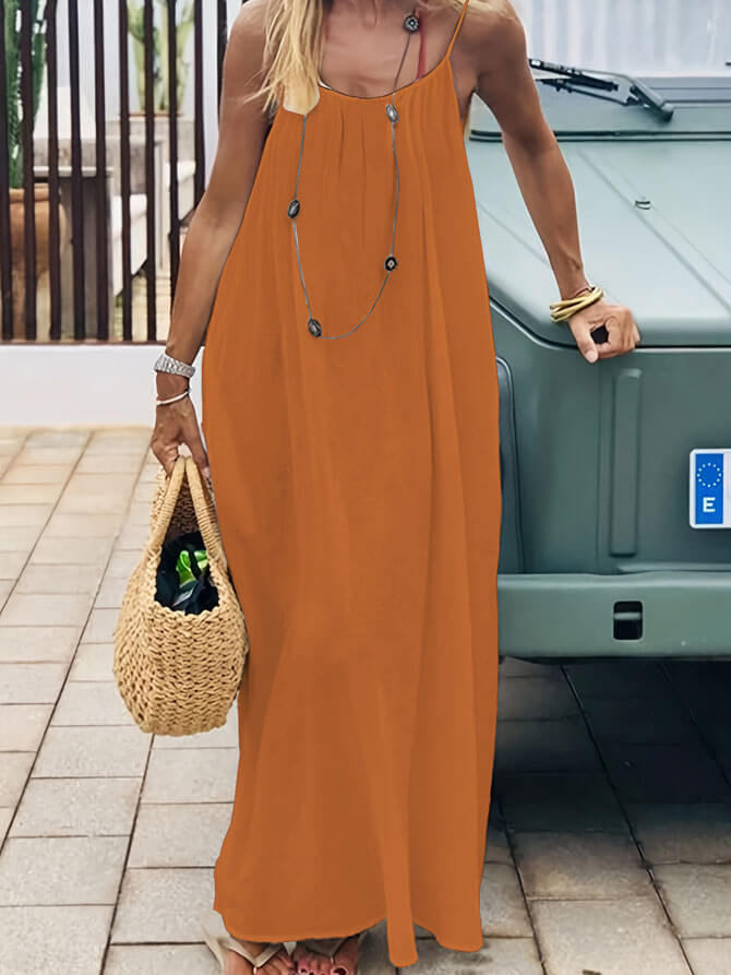 Lighteme Women's Solid Color Backless Cami Lounge Dress, Loose Fit Spaghetti Strap Dress