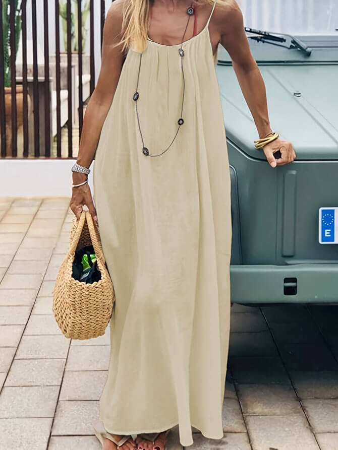 Lighteme Women's Solid Color Backless Cami Lounge Dress, Loose Fit Spaghetti Strap Dress