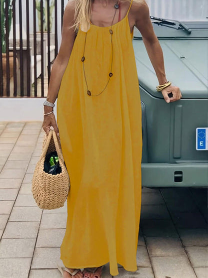 Lighteme Women's Solid Color Backless Cami Lounge Dress, Loose Fit Spaghetti Strap Dress