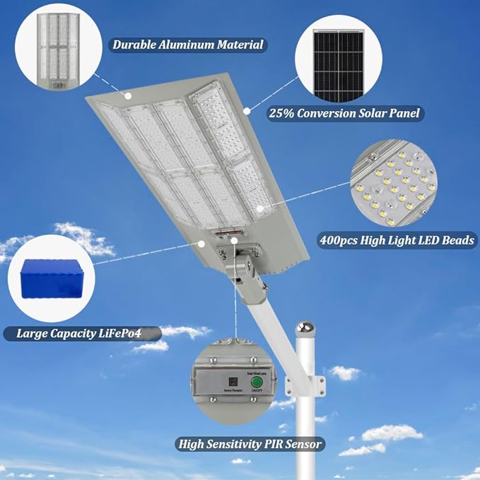 Lighteme 8000 W Solar-Straßenlaternen mit Aluminiumrahmen, Bewegungsmelder für den Außenbereich, Dämmerung bis Morgengrauen, 200.000 lm, mit Fernbedienung