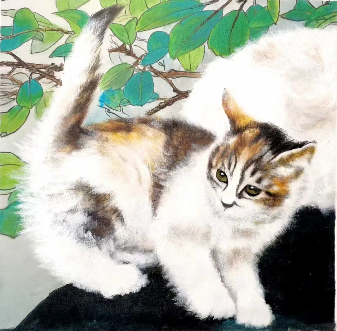 Lighteme Handgemaltes Katzen-Ölgemälde auf Leinwand, individuelles Original-Kunstwerk, abstrakte Wanddekoration