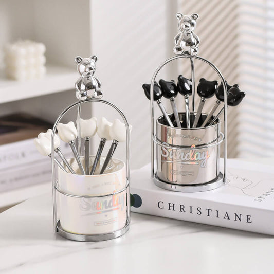 Pot de rangement en céramique pour fourchette et cuillère à dessert Lighteme Bear