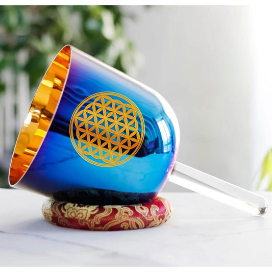 Lighteme Blue Flower Of Life Singing Bowl With Handle Deluxe Gold Plated 7 Chakra Crystal Singing Bowl Handle