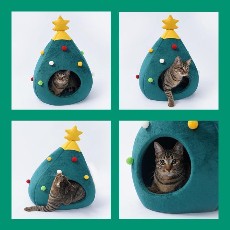 Lighteme Weihnachtsbaumförmiges, warmes Winterhöhlenbett für Katzen