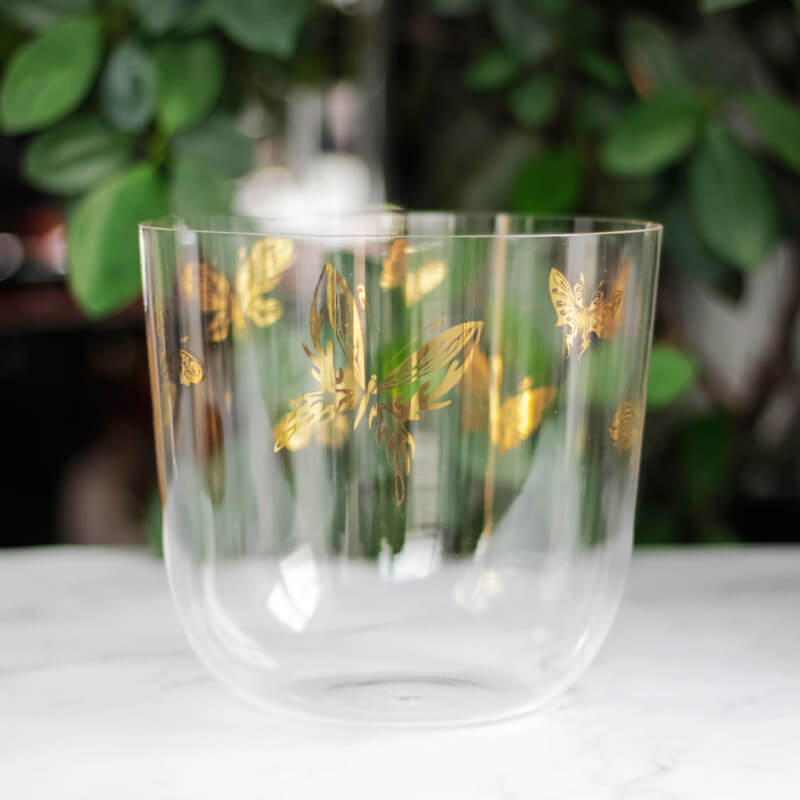 Lighteme 5" - 9" Clear Crystal Bowl Gold Butterfly Pattern Design Quartz Singing Bowls Crystal Healing Bowls
