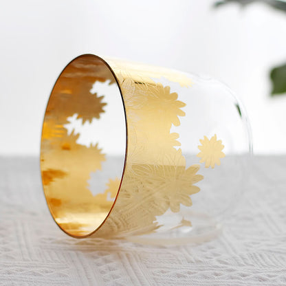 MiSoundofNature White Interior Frosted Crystal Bowl With Flowers Golden Engraved Pattern Chakra Singing Bowls
