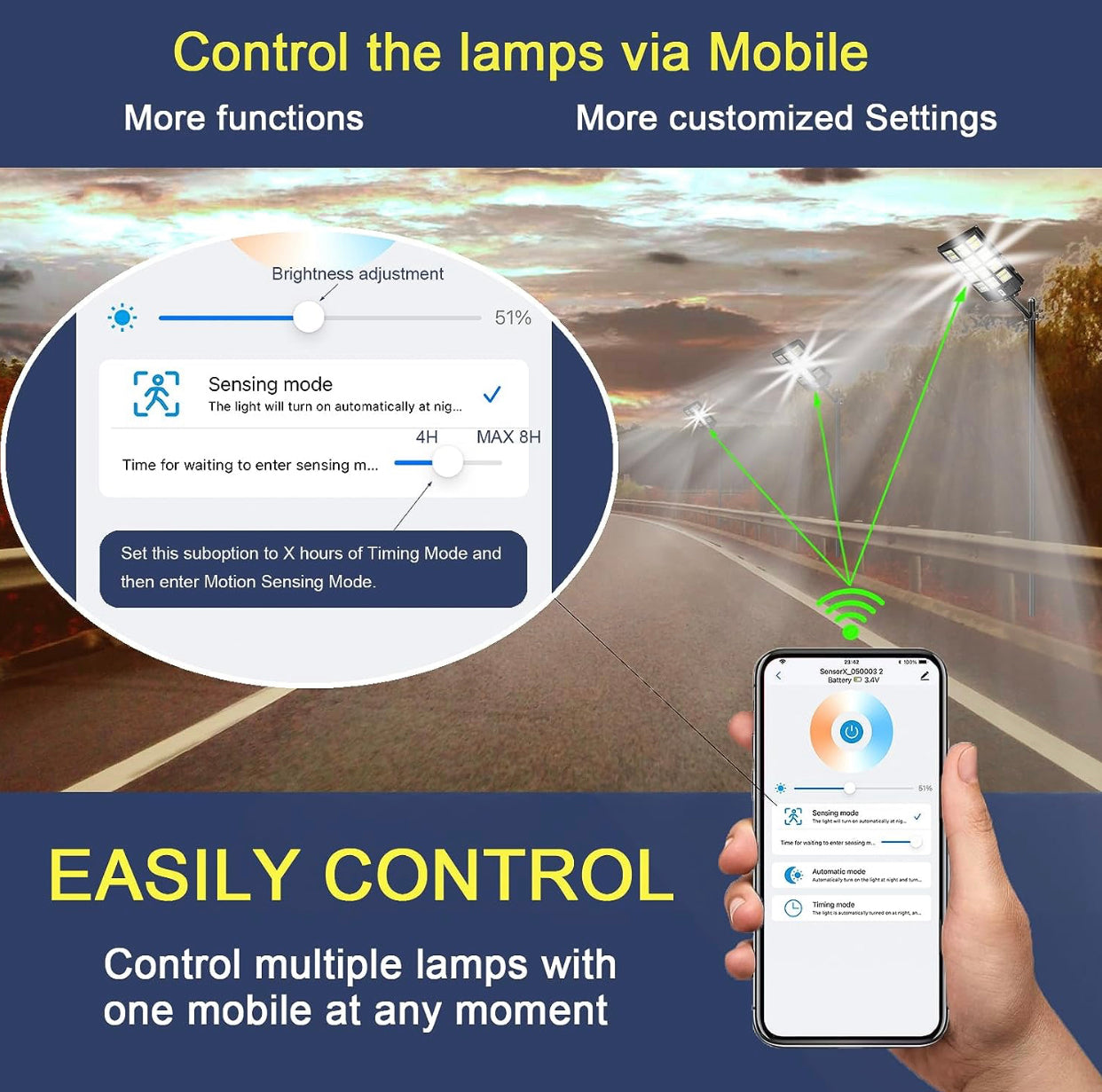 Lampadaire solaire d'extérieur Lighteme 2000 W, 250 000 lm, 6 500 K, avec télécommande par application mobile, détecteur de mouvement LED du crépuscule à l'aube