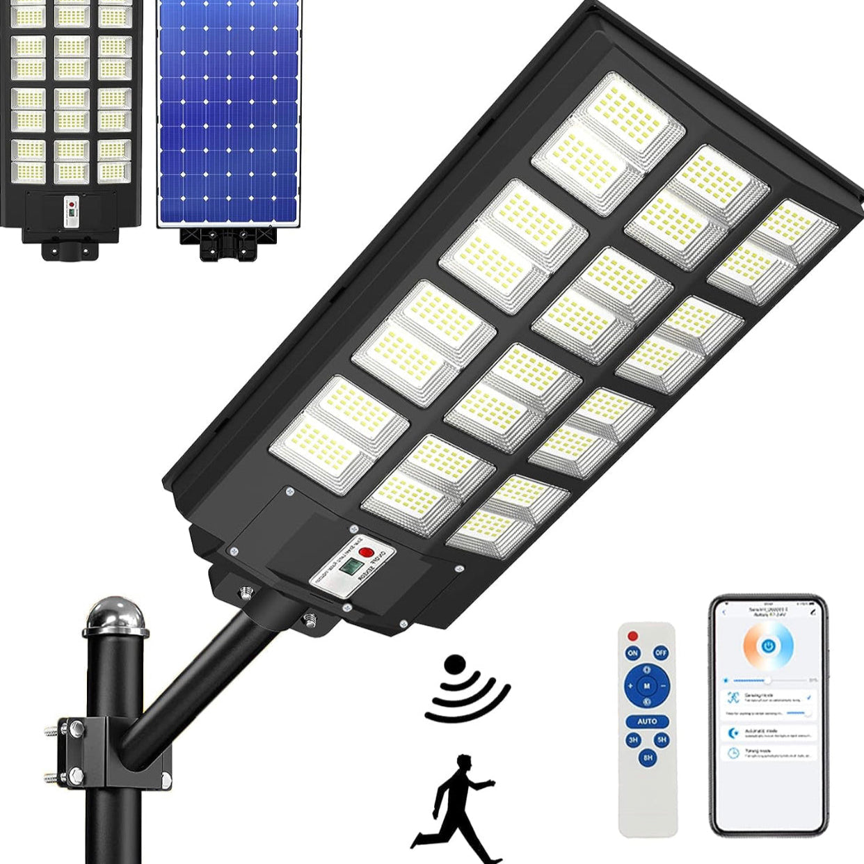 Lampadaire solaire d'extérieur Lighteme 2000 W, 250 000 lm, 6 500 K, avec télécommande par application mobile, détecteur de mouvement LED du crépuscule à l'aube