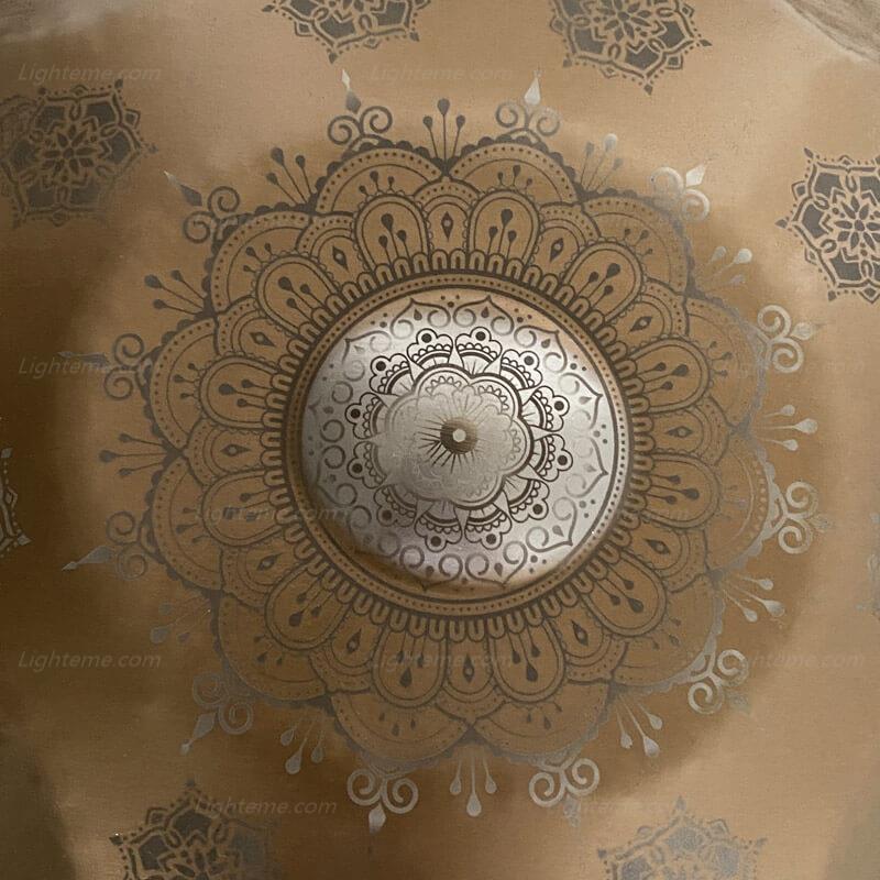 Lighteme Royal Garden Stainless Steel HandPan Drum D Minor Amara Scale 22 In 9 Notes, Available in 432 Hz and 440 Hz - Gold-plated Sound Area, Laser engraved Mandala pattern. Never fade.