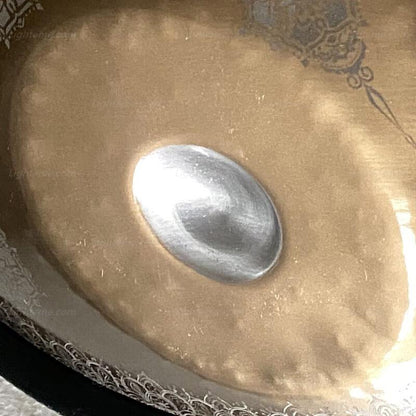 MiSoundofNature Royal Garden Mini Handpan Drum Handmade G Minor 18 Inch 9 Notes, Available in 432 Hz and 440 Hz, Featured High-end Stainless Steel Percussion Instrument - Gold-plated Sound Area, Laser engraved Mandala pattern. Never fade.