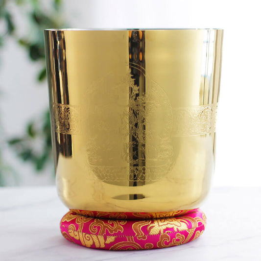 MiSoundofNature Gold 4" - 12" Crystal Singing Bowl with Buddha Statue Pattern Design Quartz Sound Bowls Crystal Healing Bowls