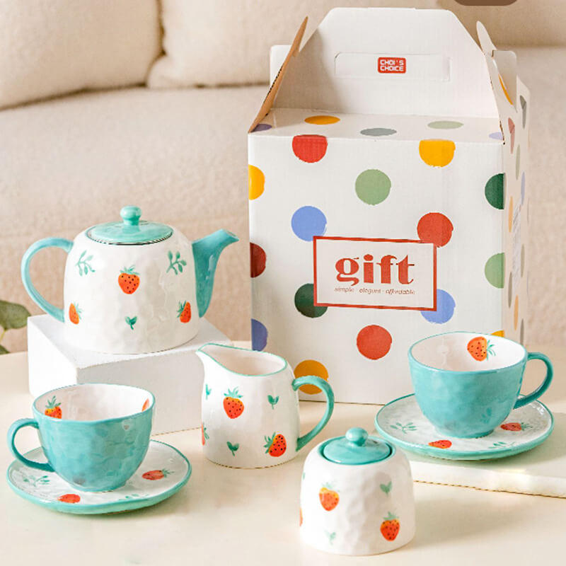 Lighteme Teekannen-Set aus Keramik, handbemalt, Erdbeere