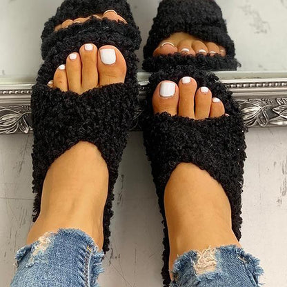 Ihrtrade Joobesty Solid Fluffy Crisscross Design Flat Slippers
