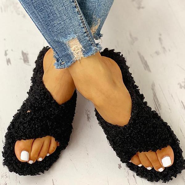 Ihrtrade Joobesty Solid Fluffy Crisscross Design Flat Slippers