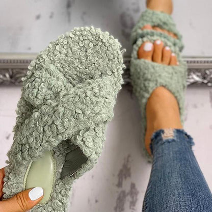 Ihrtrade Joobesty Solid Fluffy Crisscross Design Flat Slippers