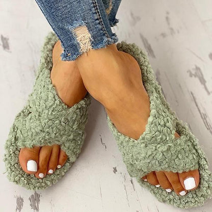 Ihrtrade Joobesty Solid Fluffy Crisscross Design Flat Slippers