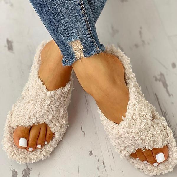 Ihrtrade Joobesty Solid Fluffy Crisscross Design Flat Slippers
