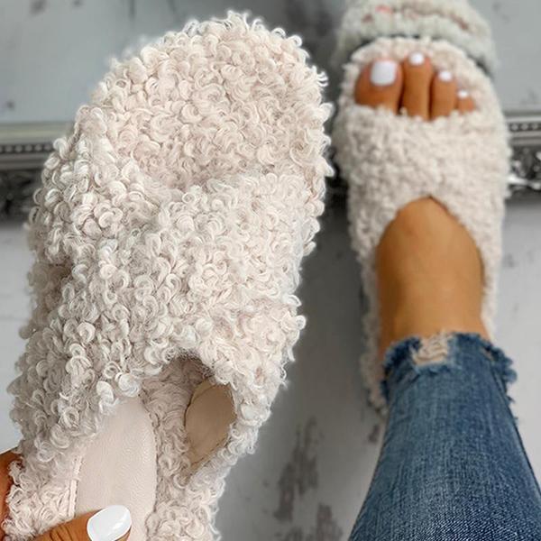 Ihrtrade Joobesty Solid Fluffy Crisscross Design Flat Slippers