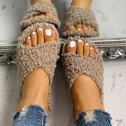 Ihrtrade Joobesty Solid Fluffy Crisscross Design Flat Slippers