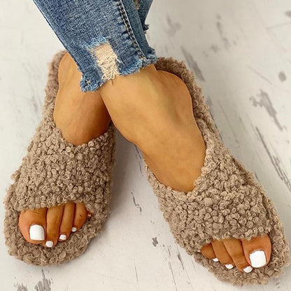 Ihrtrade Joobesty Solid Fluffy Crisscross Design Flat Slippers