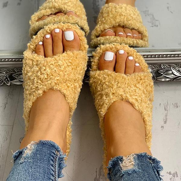 Ihrtrade Joobesty Solid Fluffy Crisscross Design Flat Slippers