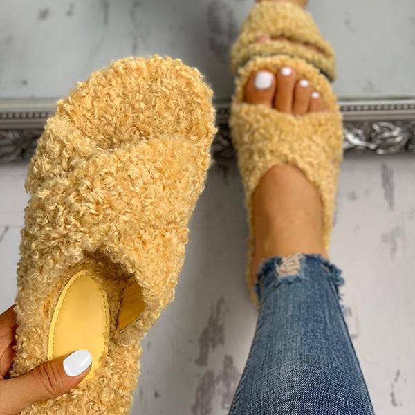 Ihrtrade Joobesty Solid Fluffy Crisscross Design Flat Slippers