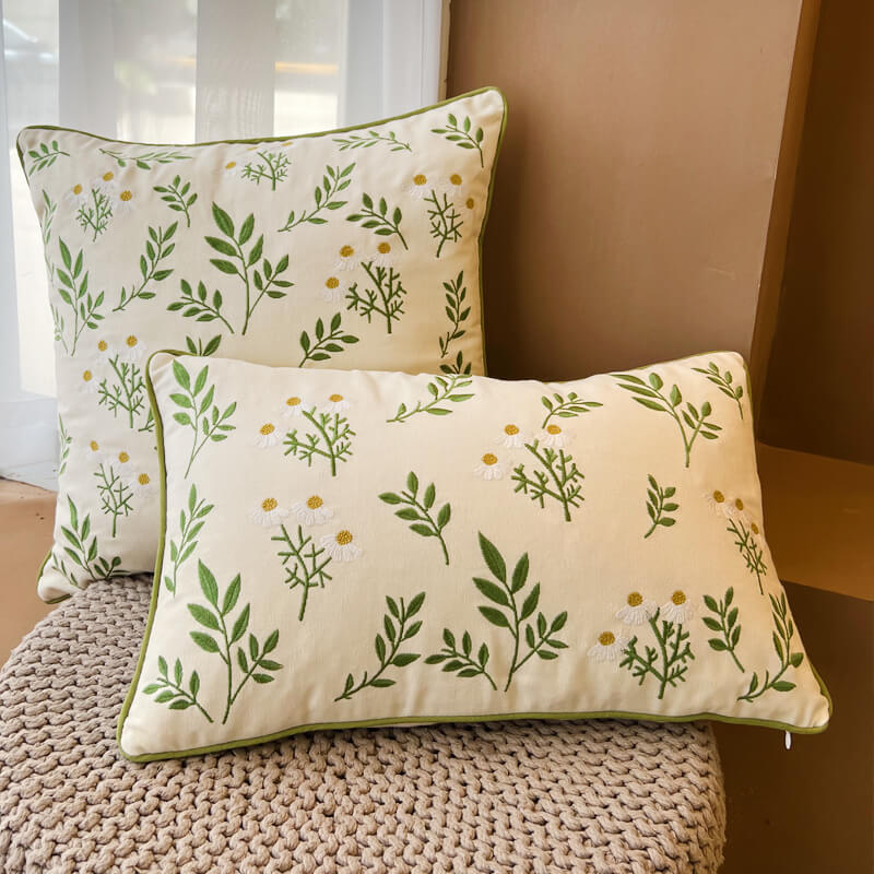Housse de coussin en coton brodée de feuilles Lighteme