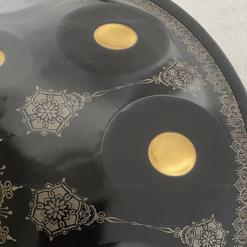 Royal Garden Nitride Steel HandPan Drum D Minor Amara Scale 22 In 9 Notes, Available in 432 Hz and 440 Hz - Gold-plated Sound Area, Laser engraved Mandala pattern. Never fade.