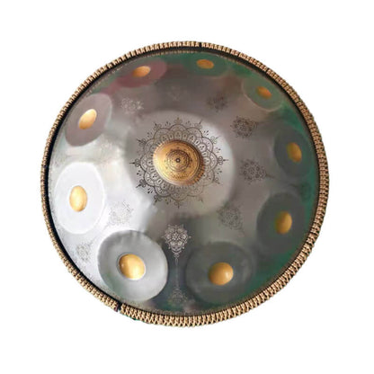 Lighteme Royal Garden Customized Stainless Steel HandPan Drum D Minor Sabye Scale 22 Inches 9/10/12 Notes, Available in 432 Hz and 440 Hz - Gold-plated Sound Area, Laser engraved Mandala pattern. Never fade.