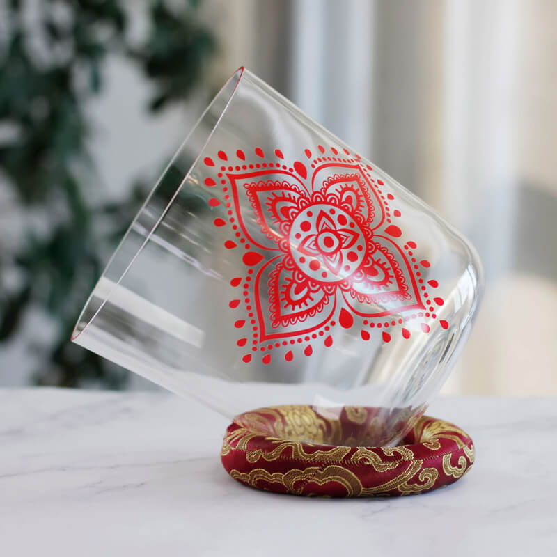 Lighteme C Tone Clear Crystal Bowl 6" - 9" Red Chakra Patterns Quartz Crystal Singing Bowls Root Chakra For Adrenal Glands Sound Healing