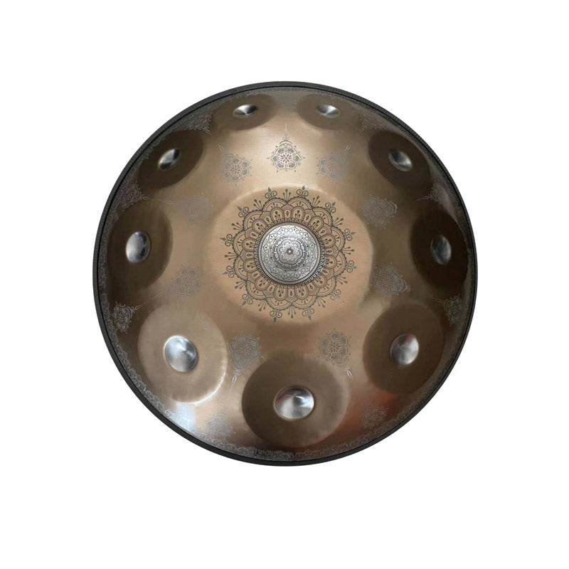 Lighteme Royal Garden C Major 22 Inch 9/10/12 Notes Handmade Stainless Steel Handpan Drum, Available in 432 & 440 Hz, Gold-plated Sound Area, Laser engraved Mandala pattern. Never fade.