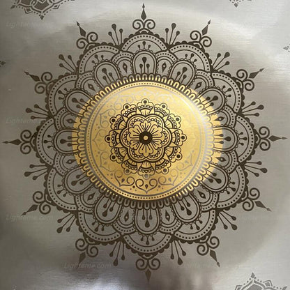 Royal Garden Customized Stainless Steel HandPan Drum D Minor Sabye Scale 22 Inches 9/10/12 Notes, Available in 432 Hz and 440 Hz - Gold-plated Sound Area, Laser engraved Mandala pattern. Never fade.