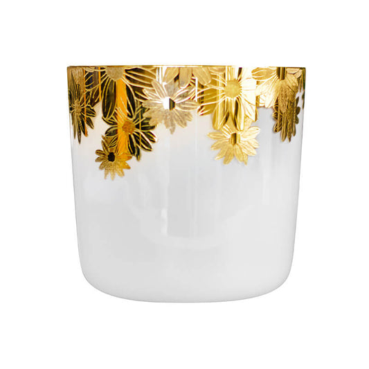 MiSoundofNature White Interior Frosted Crystal Bowl With Flowers Golden Engraved Pattern Chakra Singing Bowls