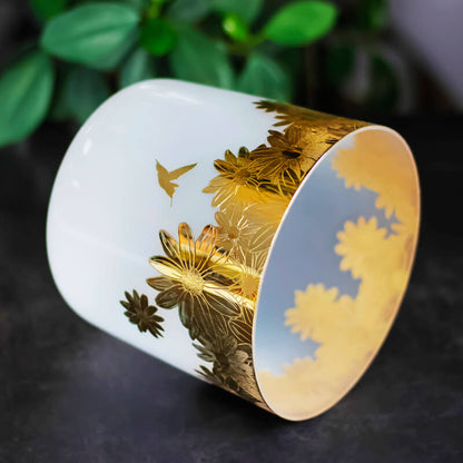 Lighteme White Interior Frosted Crystal Bowl With Flowers Golden Engraved Pattern Chakra Singing Bowls