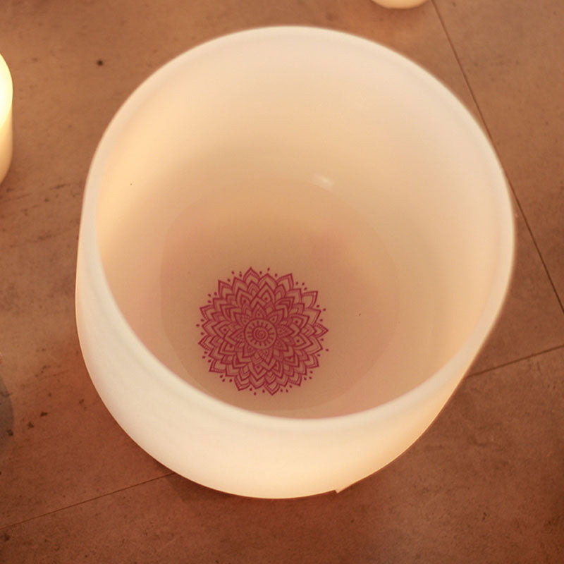 Lighteme 10" Frosted Crystal Bowl White With Bottom Chakra Patterns Sound Healing Quartz Singing Bowl Meditation 430Hz/440Hz