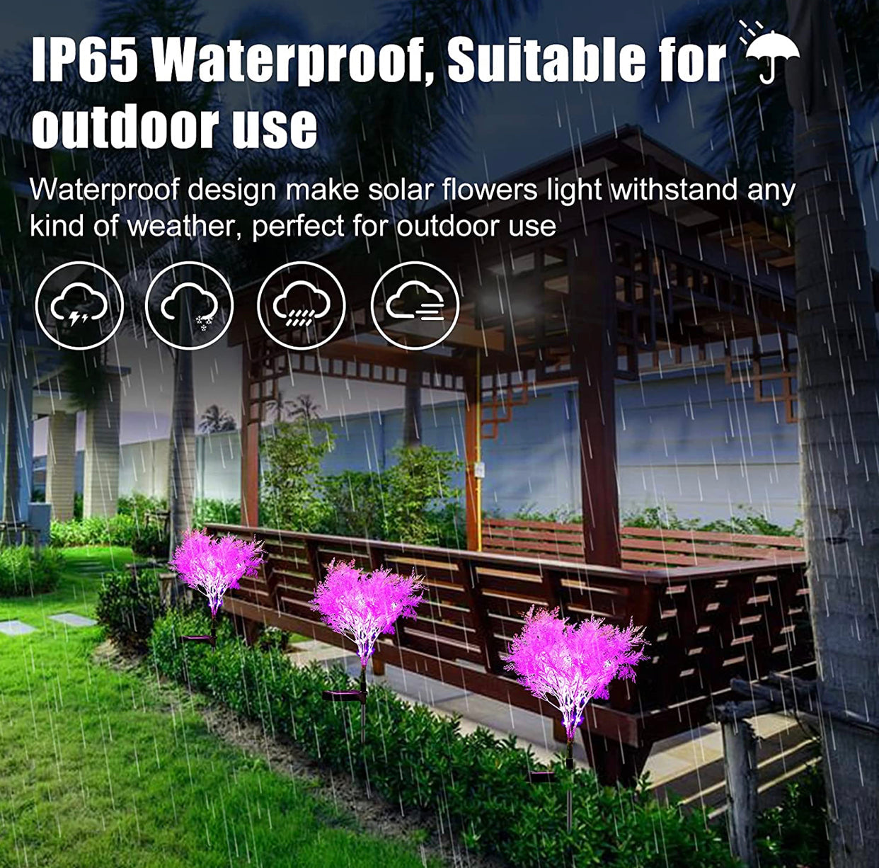 2-Pack - Lighteme Solar Flowers Pink Rime Flower Design, Solar Powered Flowers Light Dusk to Dawn