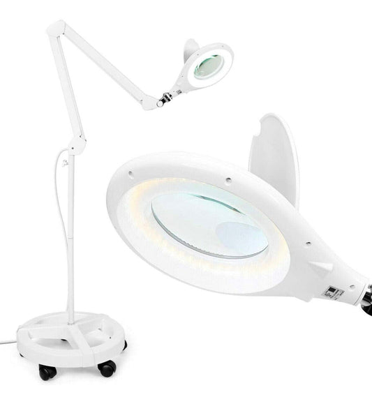 Lighteme Magnifying Floor Lamp with 5 Wheels Rolling Base, 2.25X Magnifier with LED Light, 2-in-1