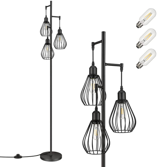 Lampadaire Lighteme assorti aux salons industriels, rustiques et de ferme – Lampe sur pied avec 3 têtes de cage élégantes et ampoules LED Edison