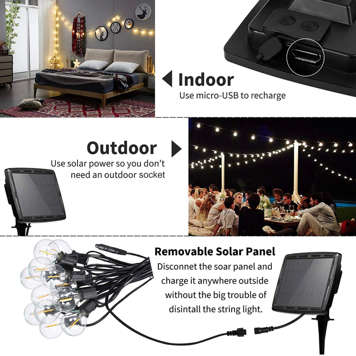 Guirlande lumineuse solaire d'extérieur à LED Lighteme Pro 27 pi – Étanche, ampoules à filament rétro Edison G40 – Blanc chaud 