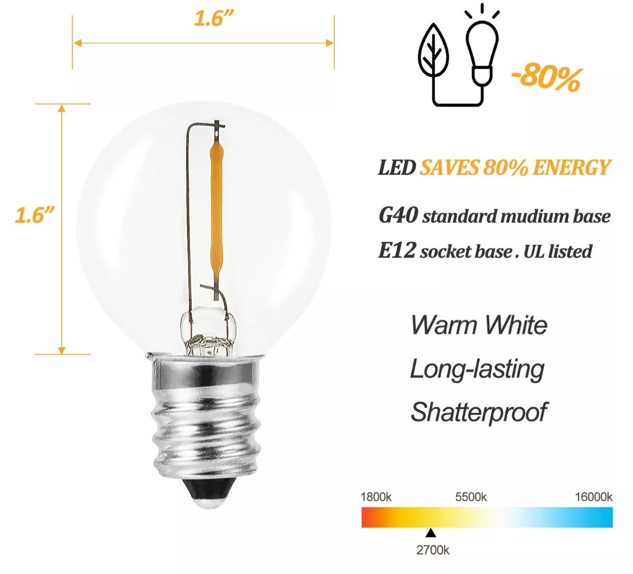 Guirlande lumineuse solaire d'extérieur à LED Lighteme Pro 27 pi – Étanche, ampoules à filament rétro Edison G40 – Blanc chaud 