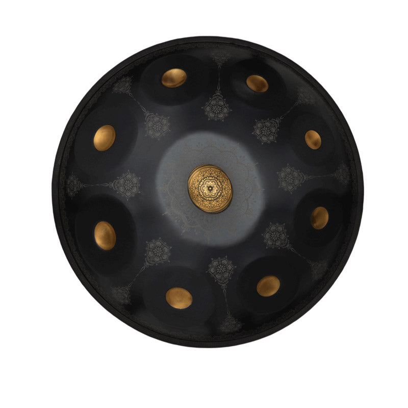 Lighteme Royal Garden Handpan Drum, Available in 432 Hz and 440 Hz, Handmade Kurd Scale / Celtic Scale D Minor 22 Inch 9/10/12 Notes Featured High-end Nitride Steel Percussion Instrument - Gold-plated Sound Area, Laser engraved Mandala pattern